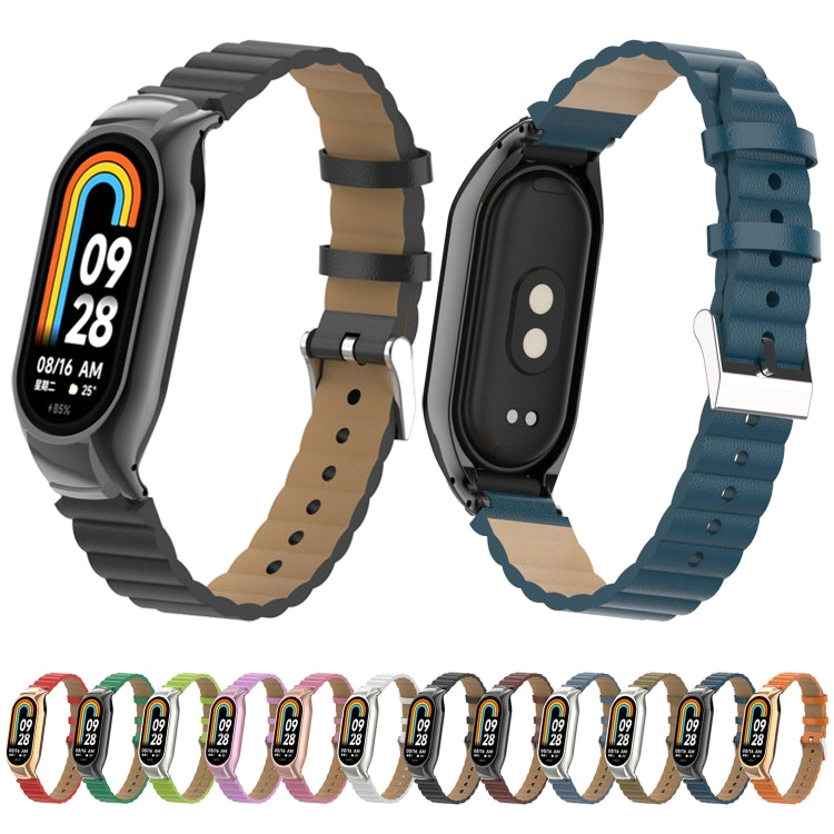 For Xiaomi Mi Band 8 Integrated Metal Case + Bamboo Leather Watch Band(Black) - Smart Wear by PMC TechLife | Online Shopping South Africa | PMC TechLife