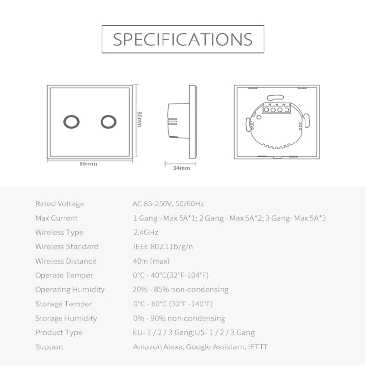 NEO NAS-SC02W Wireless WiFi EU Smart Light Control Switch 2Gang - Smart Switch by NEO | Online Shopping South Africa | PMC Jewellery | Buy Now Pay Later Mobicred