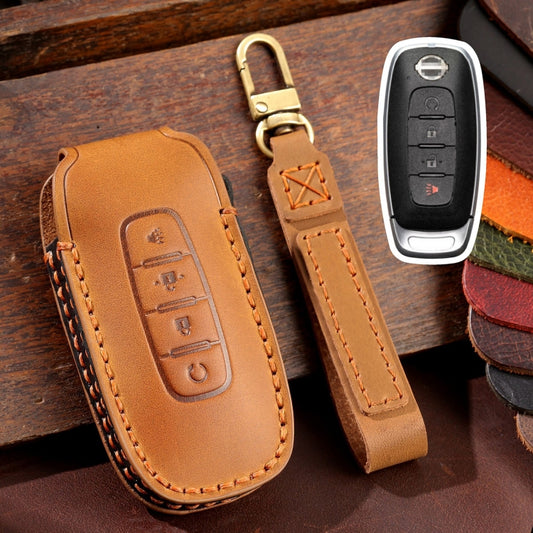 For Nissan Teana / Ariya 4-button Start Hallmo Car Cowhide Leather Key Protective Cover Key Case(Brown) - Car Key Cases by Hallmo | Online Shopping South Africa | PMC Jewellery | Buy Now Pay Later Mobicred