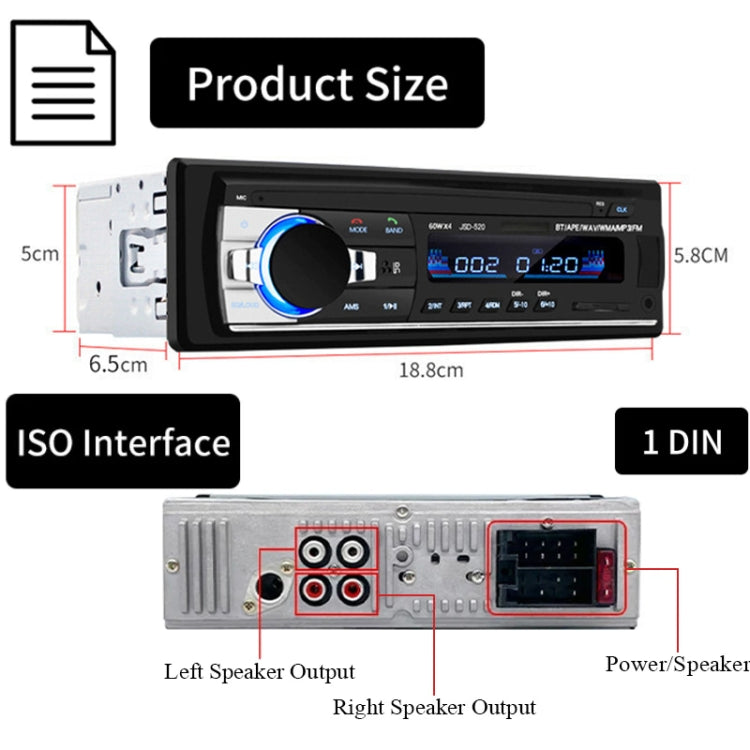 JSD-520 Car Stereo Radio MP3 Audio Player Support Bluetooth Hand-free Calling / FM / USB / SD, EU Plug Version - Car MP3 & MP4 & MP5 by PMC Jewellery | Online Shopping South Africa | PMC Jewellery | Buy Now Pay Later Mobicred