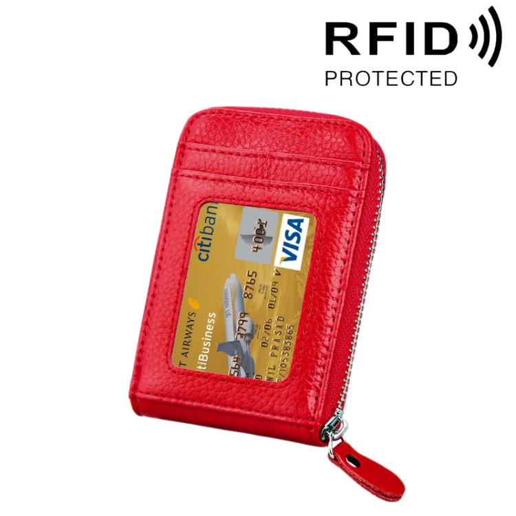 Genuine Cowhide Leather Solid Color Zipper Vertical Card Holder Wallet RFID Blocking Card Bag Protect Case with 12 Card Slots, Size: 11.5*7.5cm(Red) - Antimagnetic RFID Package by PMC Jewellery | Online Shopping South Africa | PMC Jewellery | Buy Now Pay Later Mobicred