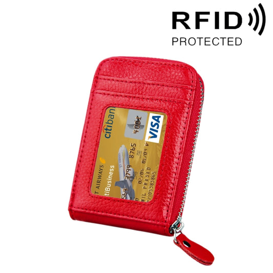 Genuine Cowhide Leather Solid Color Zipper Vertical Card Holder Wallet RFID Blocking Card Bag Protect Case with 12 Card Slots, Size: 11.5*7.5cm(Red) - Antimagnetic RFID Package by PMC Jewellery | Online Shopping South Africa | PMC Jewellery | Buy Now Pay Later Mobicred