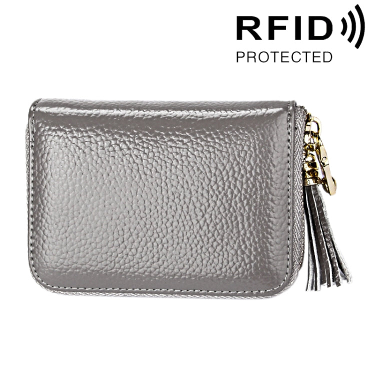 Genuine Cowhide Leather Solid Color Zipper Card Holder Wallet RFID Blocking Card Bag Protect Case Coin Purse with Tassel Pendant & 15 Card Slots for Women, Size: 11.1*7.6*3.5cm(Grey) - Antimagnetic RFID Package by PMC Jewellery | Online Shopping South Africa | PMC Jewellery | Buy Now Pay Later Mobicred