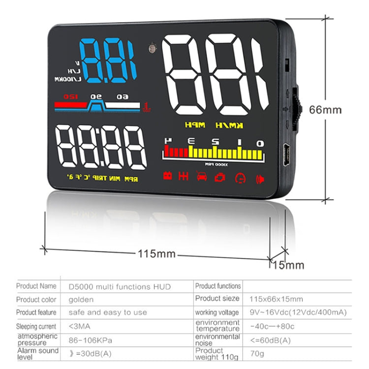 D5000 OBD2 5 inch Vehicle-mounted Head Up Display Security System, Support Car Speed / Engine Revolving Speed Display / Water Temperature / Battery Voltage / Detection and Elimination Fault Code - Head Up Display System by PMC TechLife | Online Shopping South Africa | PMC TechLife | Buy Now Pay Later Mobicred