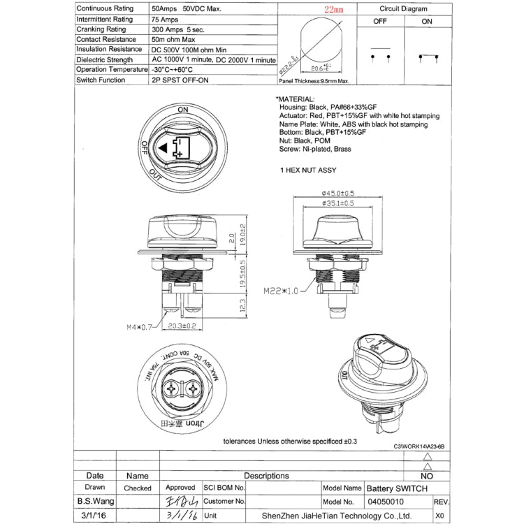 Jtron On/Off Car Battery Switch Car Battery Master Switch MAX DC 50V 50A CONT 75A INT Use for Cars / Off-road Vehicle / Truck - Car Switches by PMC Jewellery | Online Shopping South Africa | PMC Jewellery