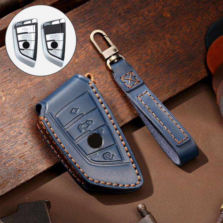 Hallmo Car Cowhide Leather Key Protective Cover Key Case for BMW Blade Style(Blue) - Car Key Cases by Hallmo | Online Shopping South Africa | PMC TechLife | Buy Now Pay Later Mobicred