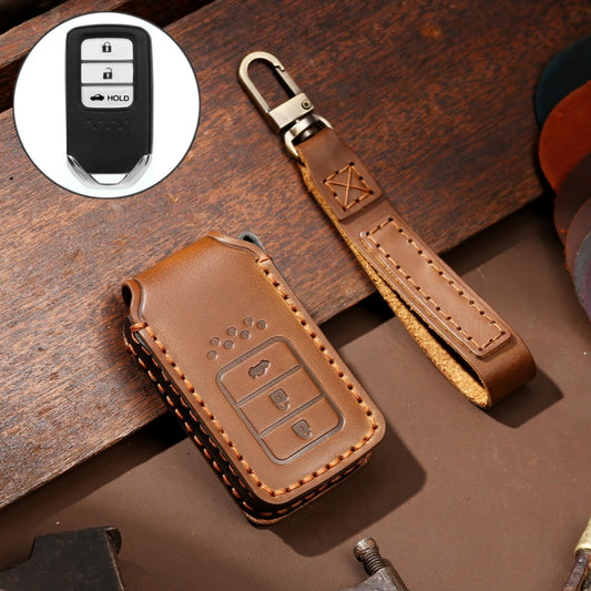 Hallmo Car Cowhide Leather Key Protective Cover Key Case for Honda 3-button Tail Box(Brown) - Car Key Cases by Hallmo | Online Shopping South Africa | PMC Jewellery | Buy Now Pay Later Mobicred