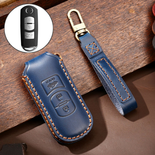 Hallmo Car Cowhide Leather Key Protective Cover Key Case for Mazda Axela 3-button(Blue) - Car Key Cases by Hallmo | Online Shopping South Africa | PMC Jewellery | Buy Now Pay Later Mobicred