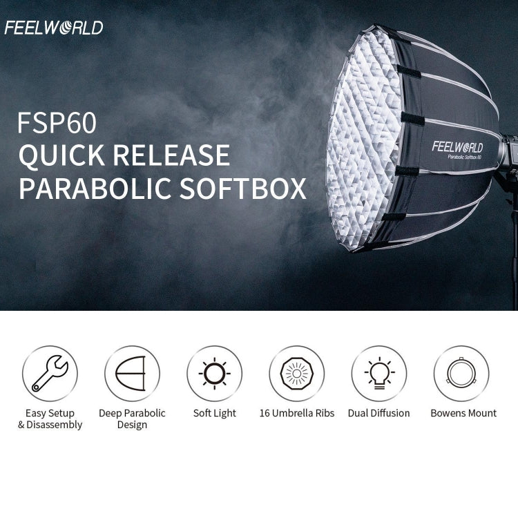 FEELWORLD FSP60 60cm Parabolic Softbox Quick Release Diffuser with Bowens Mount (Black) - free shipping - PMC TechLife - Order now!