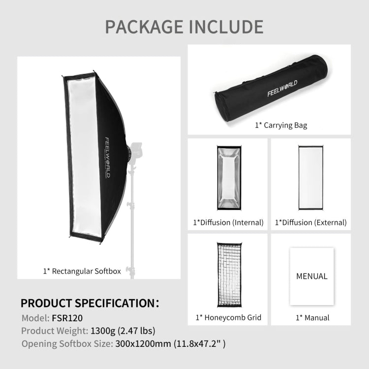FEELWORLD FSR120 30x120cm Rectangular Softbox Quick Release Bowens Mount Diffuser - free shipping - PMC TechLife - Order now!