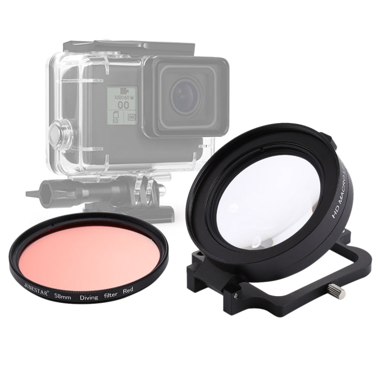 JSR 58mm 16X Macro Lens + Red Diving Lens Filter with Lens Cover + Lens Filter Ring Adapter + String + Cleaning Cloth for GoPro HERO6 /5 Dive Housing - Lens Filter by JSR | Online Shopping South Africa | PMC Jewellery | Buy Now Pay Later Mobicred