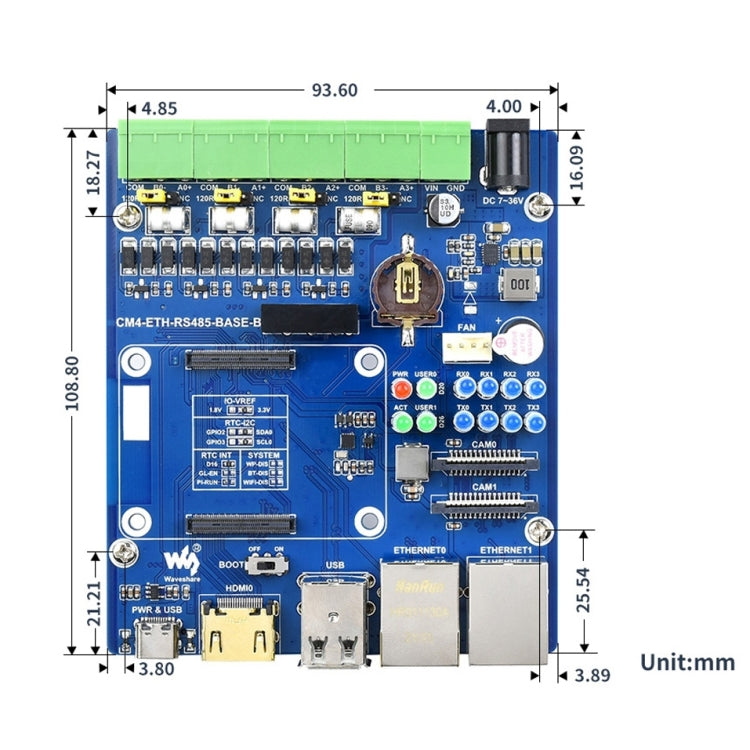 Waveshare Dual ETH Quad RS485 Base Board B for Raspberry Pi CM4, Gigabit Ethernet - free shipping - PMC TechLife - Order now!