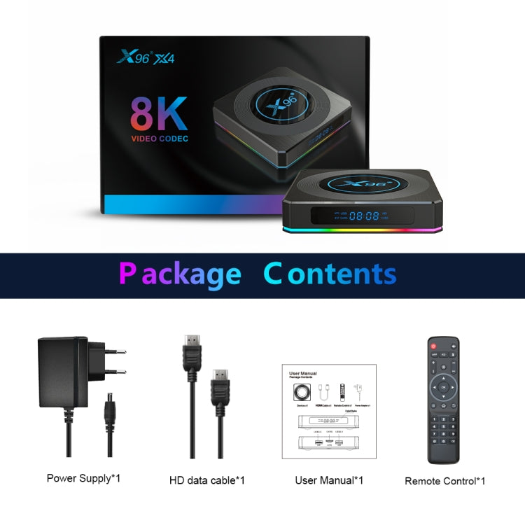 X96 X4 8K Smart TV BOX Android 11.0 Media Player with Remote Control, Amlogic S905X4 Quad Core ARM Cortex A55, RAM: 4GB, ROM: 64GB, Support 1000M, Dual Band WiFi, Bluetooth, US Plug - Amlogic S905 by PMC Jewellery | Online Shopping South Africa | PMC Jewellery | Buy Now Pay Later Mobicred