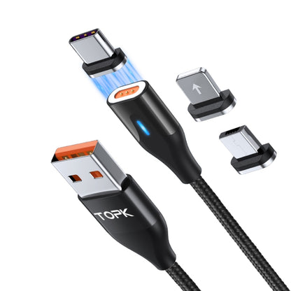 TOPK AM63 1m USB to 8 Pin + USB-C / Type-C + Micro USB 3 in 1 Flat Magnetic Metal Connector Nylon Braided Magnetic Fast Charging Data Cable(Black) - Charging Cable & Head by TOPK | Online Shopping South Africa | PMC Jewellery | Buy Now Pay Later Mobicred