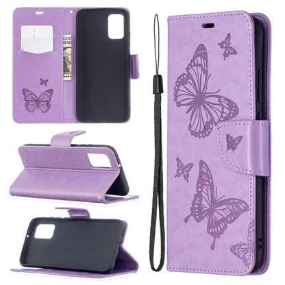 For Samsung Galaxy A02s (EU Version) Embossing Two Butterflies Pattern Horizontal Flip PU Leather Case with Holder & Card Slot & Wallet & Lanyard(Purple) - Galaxy Phone Cases by PMC Jewellery | Online Shopping South Africa | PMC Jewellery