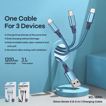 Remax RC-189th Gition Series 3.1A 3 In 1 8 Pin + Type-C / USB-C + Micro USB Aluminum Alloy Charging Cable, Length: 1.2m(Blue) - Multifunction Cable by REMAX | Online Shopping South Africa | PMC Jewellery | Buy Now Pay Later Mobicred