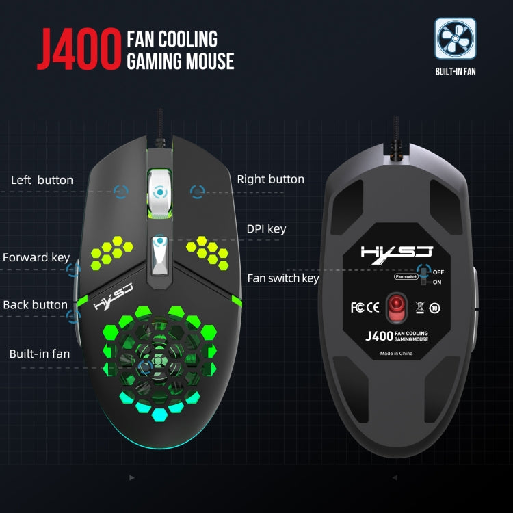 HXSJ J400 6 Keys 8000DPI RGB Light Fan Cooling Gaming Wired Mouse - Wired Mice by HXSJ | Online Shopping South Africa | PMC Jewellery | Buy Now Pay Later Mobicred