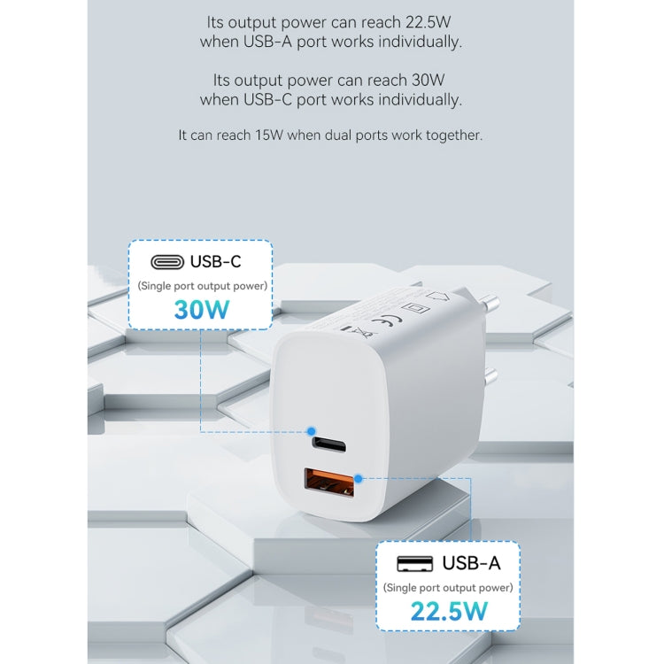 ROCK T51 30W Type-C / USB-C + USB PD Dual Ports Fast Charging Travel Charger Power Adapter, EU Plug(White) - USB Charger by ROCK | Online Shopping South Africa | PMC Jewellery | Buy Now Pay Later Mobicred