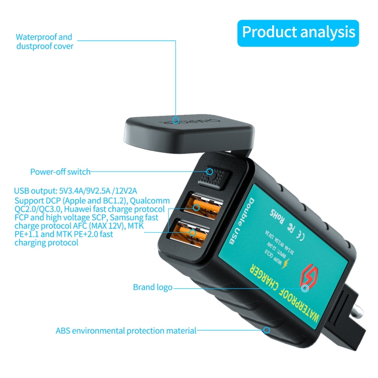 WUPP ZH-1422C3 Motorcycle Square Dual USB Fast Charging Charger with Switch + Integrated SAE Socket + 1.4m OT Terminal Cable - free shipping - PMC TechLife - Order now!