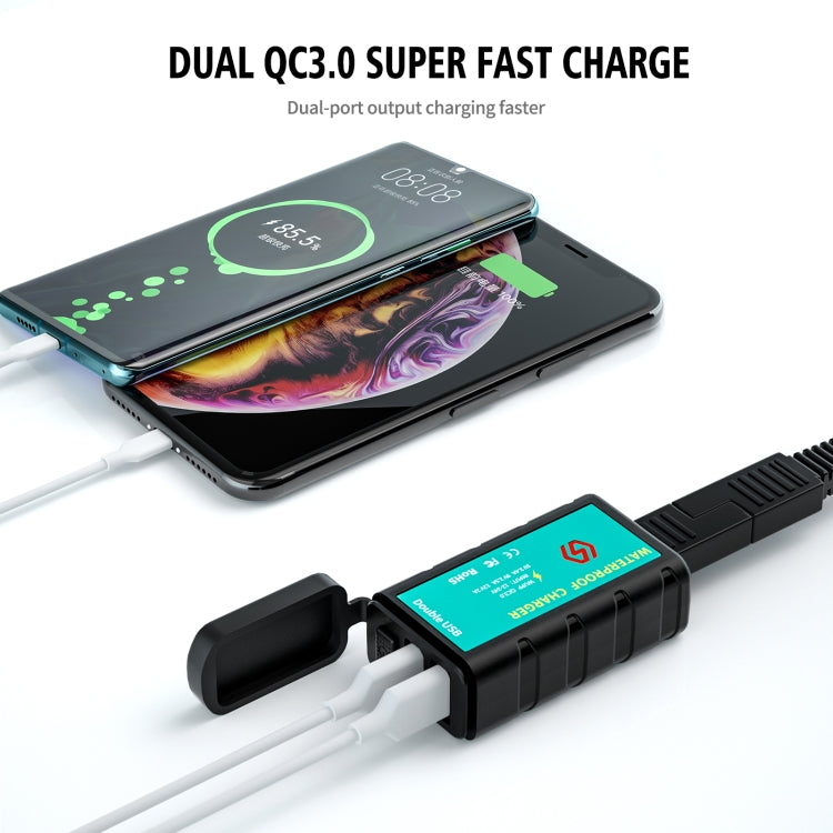 WUPP ZH-1422C3 Motorcycle Square Dual USB Fast Charging Charger with Switch + Integrated SAE Socket + 1.4m OT Terminal Cable - free shipping - PMC TechLife - Order now!