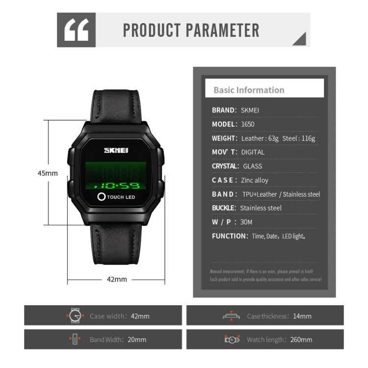 SKMEI 1650 Leather Strap Version LED Digital Display Electronic Watch with Touch Luminous Button(Black) - free shipping - PMC TechLife - Order now!