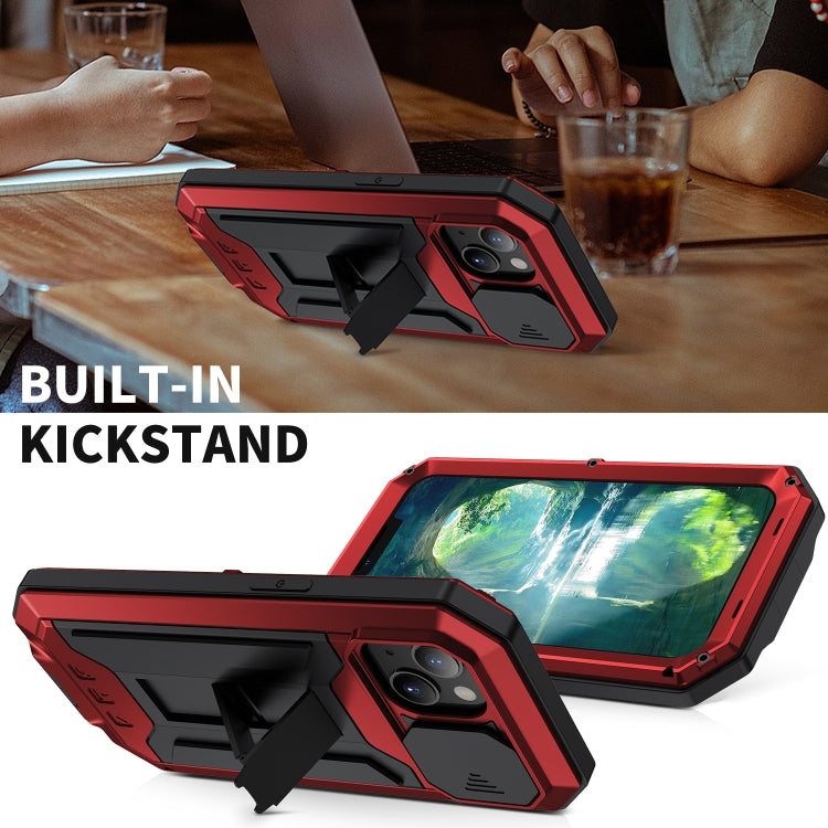 For iPhone 13 mini R-JUST Sliding Camera Shockproof Life Waterproof Dust-proof Metal + Silicone Protective Case with Holder (Red) - iPhone 13 mini Cases by R-JUST | Online Shopping South Africa | PMC TechLife | Buy Now Pay Later Mobicred