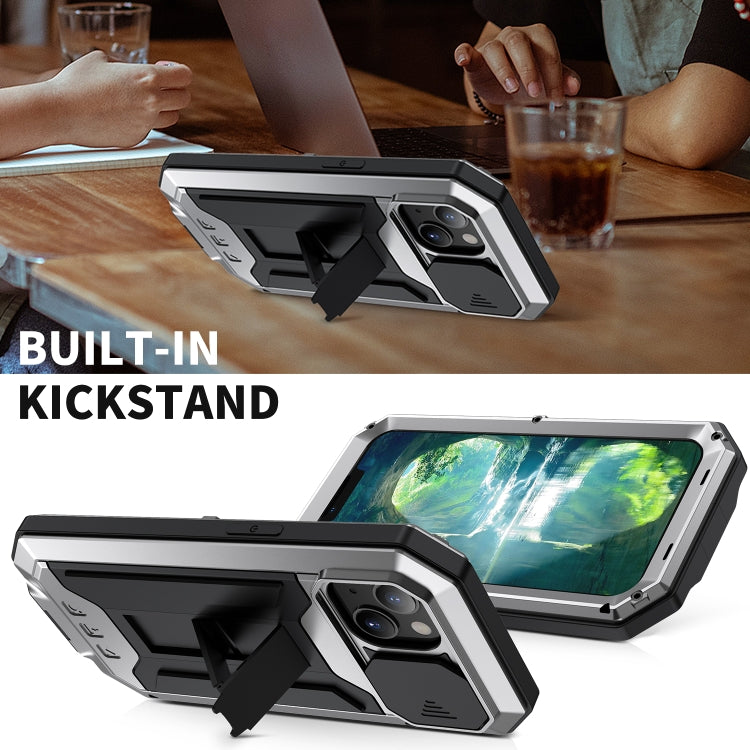For iPhone 13 mini R-JUST Sliding Camera Shockproof Life Waterproof Dust-proof Metal + Silicone Protective Case with Holder (Silver) - iPhone 13 mini Cases by R-JUST | Online Shopping South Africa | PMC TechLife