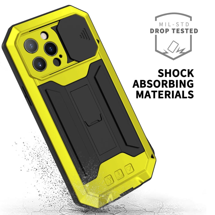 For iPhone 13 Pro R-JUST Sliding Camera Shockproof Life Waterproof Dust-proof Metal + Silicone Protective Case with Holder (Yellow) - iPhone 13 Pro Cases by R-JUST | Online Shopping South Africa | PMC Jewellery