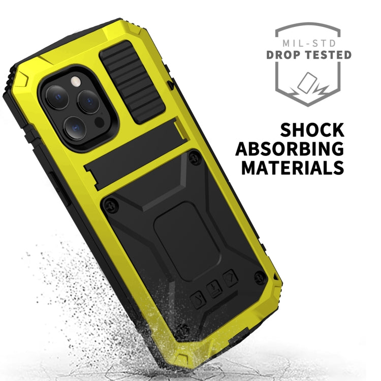 For iPhone 13 mini R-JUST Shockproof Waterproof Dust-proof Metal + Silicone Protective Case with Holder (Yellow) - iPhone 13 mini Cases by R-JUST | Online Shopping South Africa | PMC Jewellery