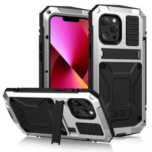 For iPhone 13 R-JUST Shockproof Waterproof Dust-proof Metal + Silicone Protective Case with Holder(Silver) - iPhone 13 Cases by R-JUST | Online Shopping South Africa | PMC Jewellery