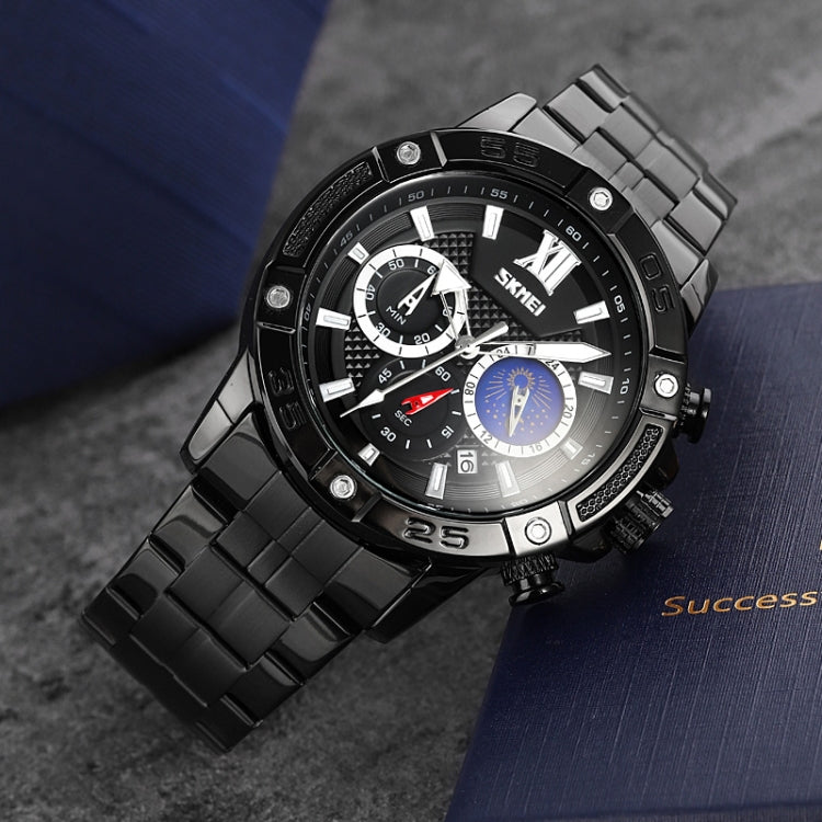 SKMEI 9235 Men Moonphase Stopwatch Stainless Steel Strap Quartz Watch(Black) - free shipping - PMC TechLife - Order now!