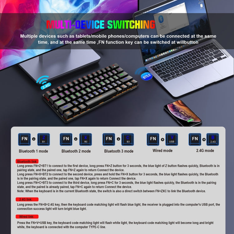 HXSJ L800 61 Keys Bluetooth 5.0 / 2.4G Wireless / Type-C Wired Three Modes Blue Shaft Mechanical Keyboard(White) - free shipping - PMC Jewellery - Order now!