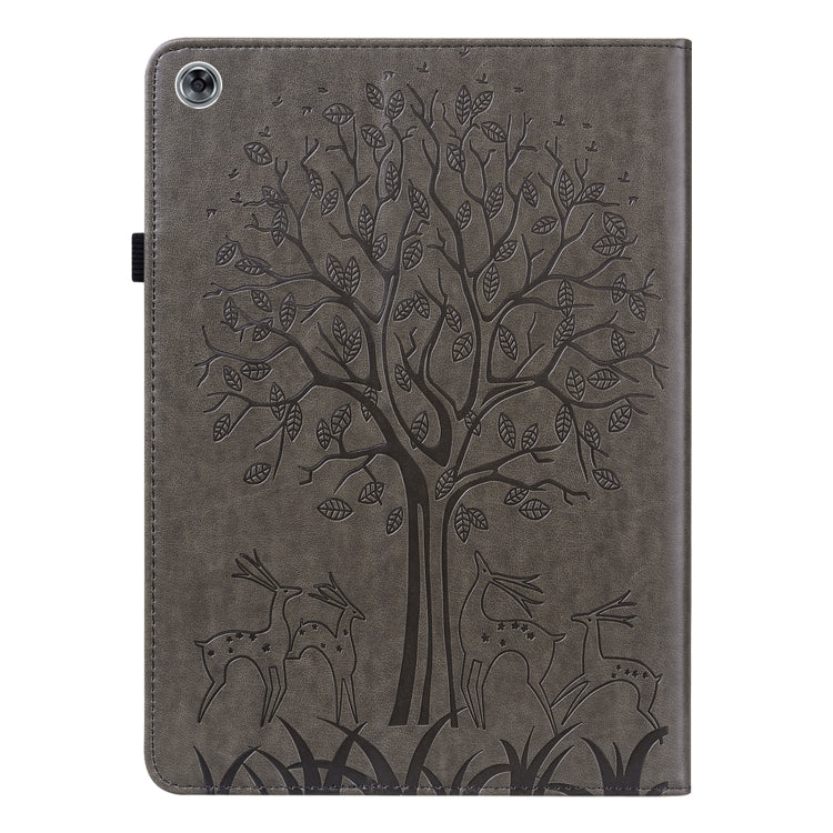 For Huawei MediaPad M5 lite Tree & Deer Pattern Pressed Printing Horizontal Flip PU Leather Case with Holder & Card Slots(Grey) - Huawei by PMC TechLife | Online Shopping South Africa | PMC TechLife | Buy Now Pay Later Mobicred