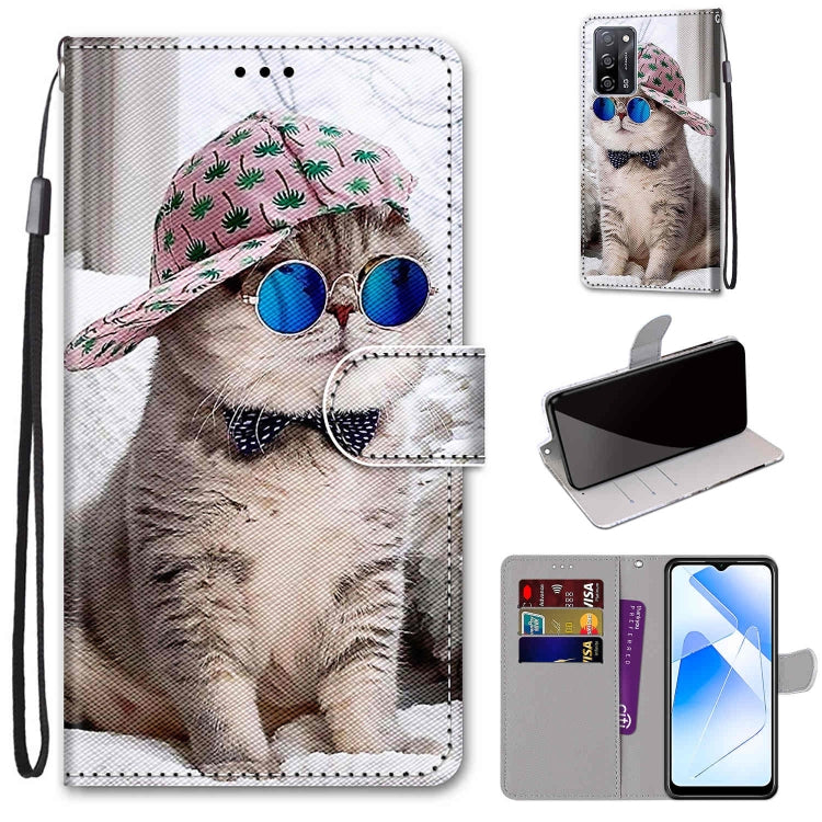 For OPPO A54 4G / A16 4G / A53s 5G / A55 5G Coloured Drawing Cross Texture Horizontal Flip PU Leather Case with Holder & Card Slots & Wallet & Lanyard(Slant Hat Blue Mirror Cat) - OPPO Cases by PMC Jewellery | Online Shopping South Africa | PMC Jewellery | Buy Now Pay Later Mobicred
