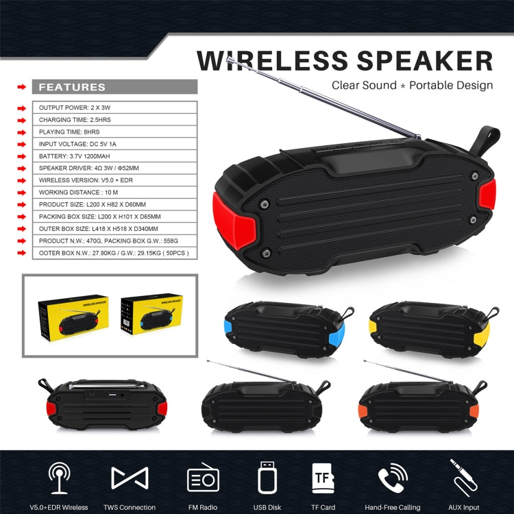 New Rixing NR-907FM TWS Outdoor Bluetooth Speaker Support Hands-free Call / FM with Handle & Antenna(Yellow) - Desktop Speaker by NewRixing | Online Shopping South Africa | PMC Jewellery | Buy Now Pay Later Mobicred