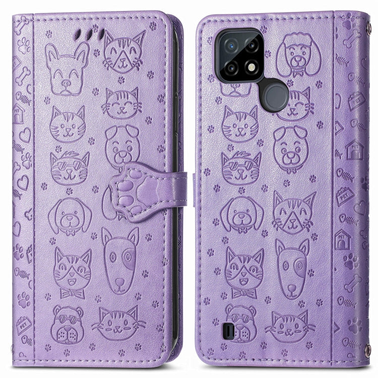 For OPPO Realme C21Y Cat and Dog Embossed Horizontal Flip Phone Leather Case with Holder & Card Slot & Wallet & Lanyard(Purple) - Realme Cases by PMC Jewellery | Online Shopping South Africa | PMC Jewellery | Buy Now Pay Later Mobicred
