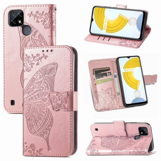 For OPPO Realme C21Y Butterfly Love Flowers Embossed Horizontal Flip Leather Case with Holder & Card Slots & Wallet & Lanyard(Rose Gold) - Realme Cases by PMC Jewellery | Online Shopping South Africa | PMC Jewellery | Buy Now Pay Later Mobicred