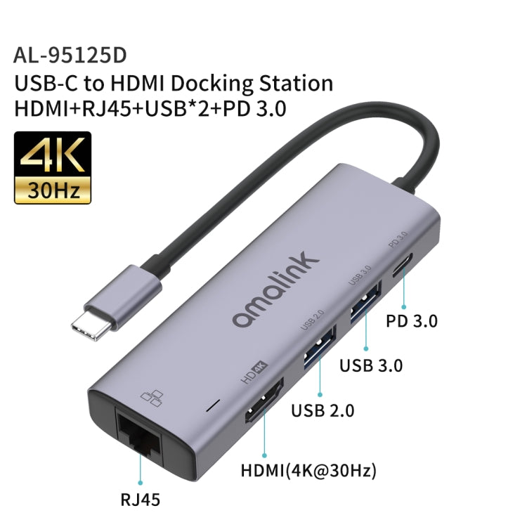 amalink 95125D Type-C / USB-C to HDMI + RJ45 + 2 Ports USB + PD 3.0 Multi-function HUB(Grey) - USB HUB by amalink | Online Shopping South Africa | PMC Jewellery | Buy Now Pay Later Mobicred