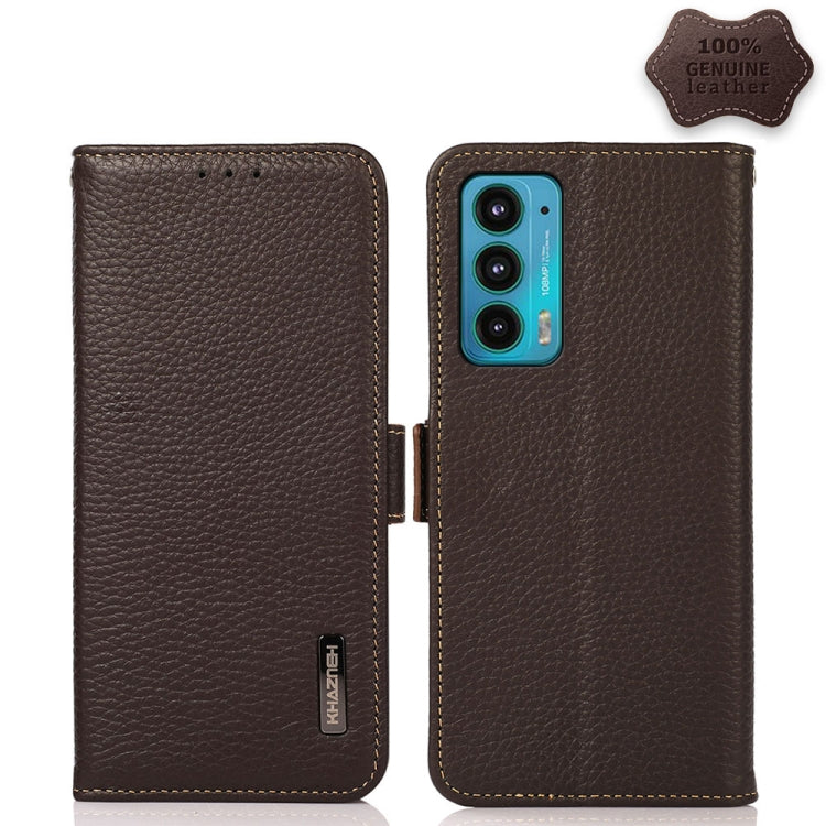 For Motorola Edge 20 KHAZNEH Side-Magnetic Litchi Genuine Leather RFID Case(Brown) - Motorola Cases by PMC TechLife | Online Shopping South Africa | PMC TechLife | Buy Now Pay Later Mobicred