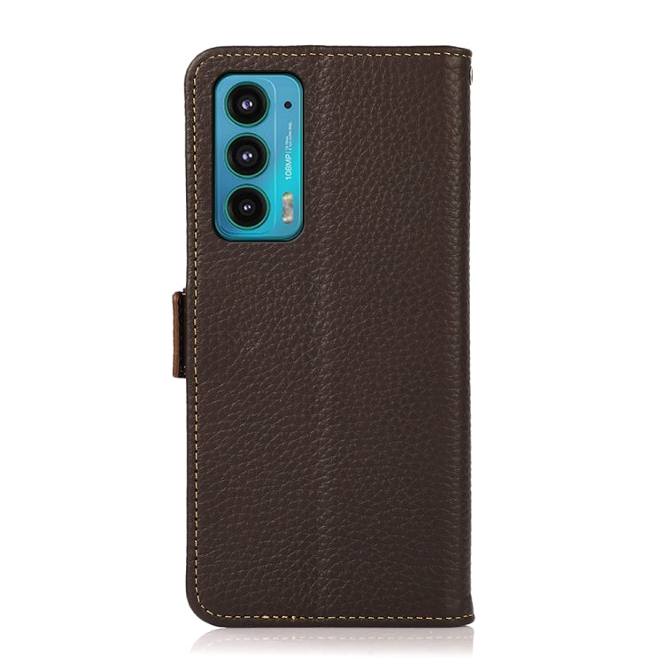 For Motorola Edge 20 KHAZNEH Side-Magnetic Litchi Genuine Leather RFID Case(Brown) - Motorola Cases by PMC TechLife | Online Shopping South Africa | PMC TechLife | Buy Now Pay Later Mobicred