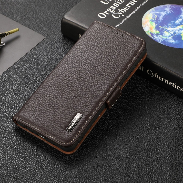 For Motorola Edge 20 KHAZNEH Side-Magnetic Litchi Genuine Leather RFID Case(Brown) - Motorola Cases by PMC TechLife | Online Shopping South Africa | PMC TechLife | Buy Now Pay Later Mobicred