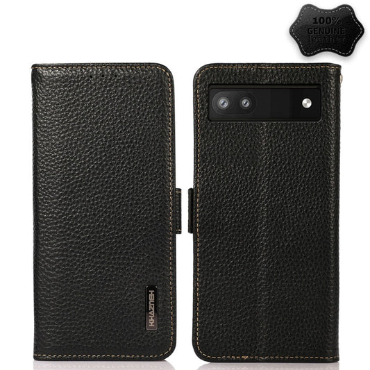 For Google Pixel 6a KHAZNEH Side-Magnetic Litchi Genuine Leather RFID Case(Black) - Google Cases by PMC Jewellery | Online Shopping South Africa | PMC Jewellery | Buy Now Pay Later Mobicred