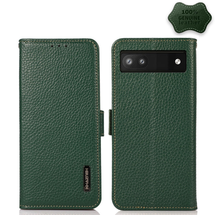 For Google Pixel 6a KHAZNEH Side-Magnetic Litchi Genuine Leather RFID Case(Green) - Google Cases by PMC TechLife | Online Shopping South Africa | PMC TechLife | Buy Now Pay Later Mobicred