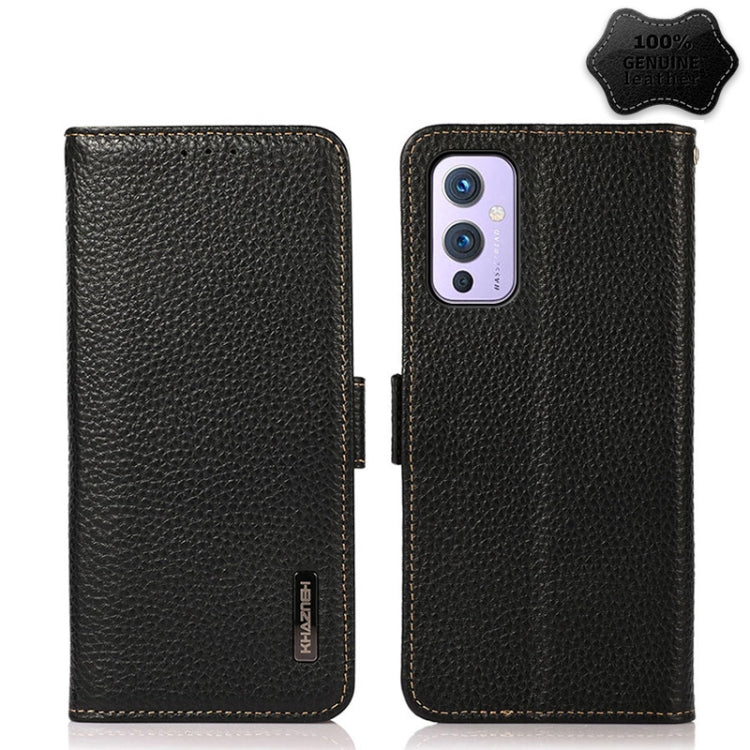 For OnePlus 9 KHAZNEH Side-Magnetic Litchi Genuine Leather RFID Phone Case(Black) - OnePlus Cases by PMC TechLife | Online Shopping South Africa | PMC TechLife | Buy Now Pay Later Mobicred
