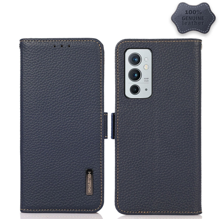 For OnePlus 9RT 5G KHAZNEH Side-Magnetic Litchi Genuine Leather RFID Phone Case(Blue) - OnePlus Cases by PMC TechLife | Online Shopping South Africa | PMC TechLife | Buy Now Pay Later Mobicred