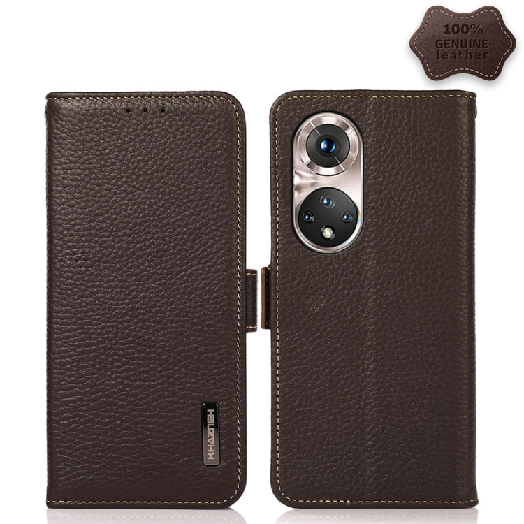 For Honor 50 Pro KHAZNEH Side-Magnetic Litchi Genuine Leather RFID Phone Case(Brown) - Honor Cases by PMC TechLife | Online Shopping South Africa | PMC TechLife | Buy Now Pay Later Mobicred