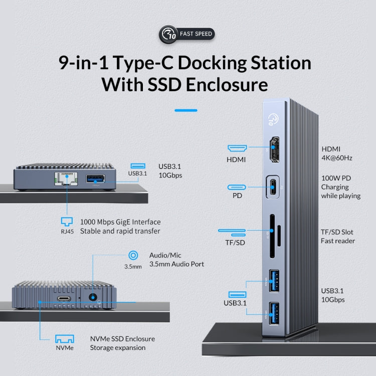 ORICO CDH-9N Type-C / USB-C Multifunctional Docking Station(Grey) - free shipping - PMC TechLife - Order now!