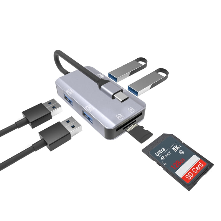 NK-3049H 6 in 1 USB-C / Type-C to TF / SD Card Slot + USB 3.0 + 3 USB 2.0 Female Adapter(Space Grey) - Cable & Adapters by PMC Jewellery | Online Shopping South Africa | PMC Jewellery | Buy Now Pay Later Mobicred