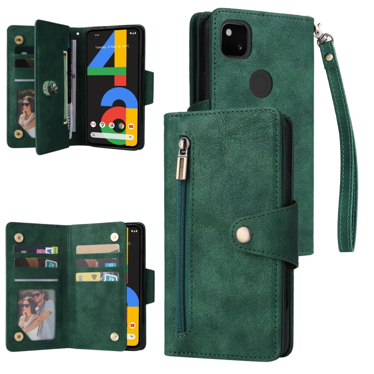 For Google Pixel 4A 4G Rivet Buckle 9 Cards Three Fold Leather Phone Case(Green) - Google Cases by PMC Jewellery | Online Shopping South Africa | PMC Jewellery | Buy Now Pay Later Mobicred