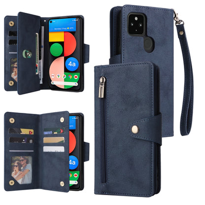 For Google Pixel 4A 5G Rivet Buckle 9 Cards Three Fold Leather Phone Case(Blue) - Google Cases by PMC Jewellery | Online Shopping South Africa | PMC Jewellery | Buy Now Pay Later Mobicred